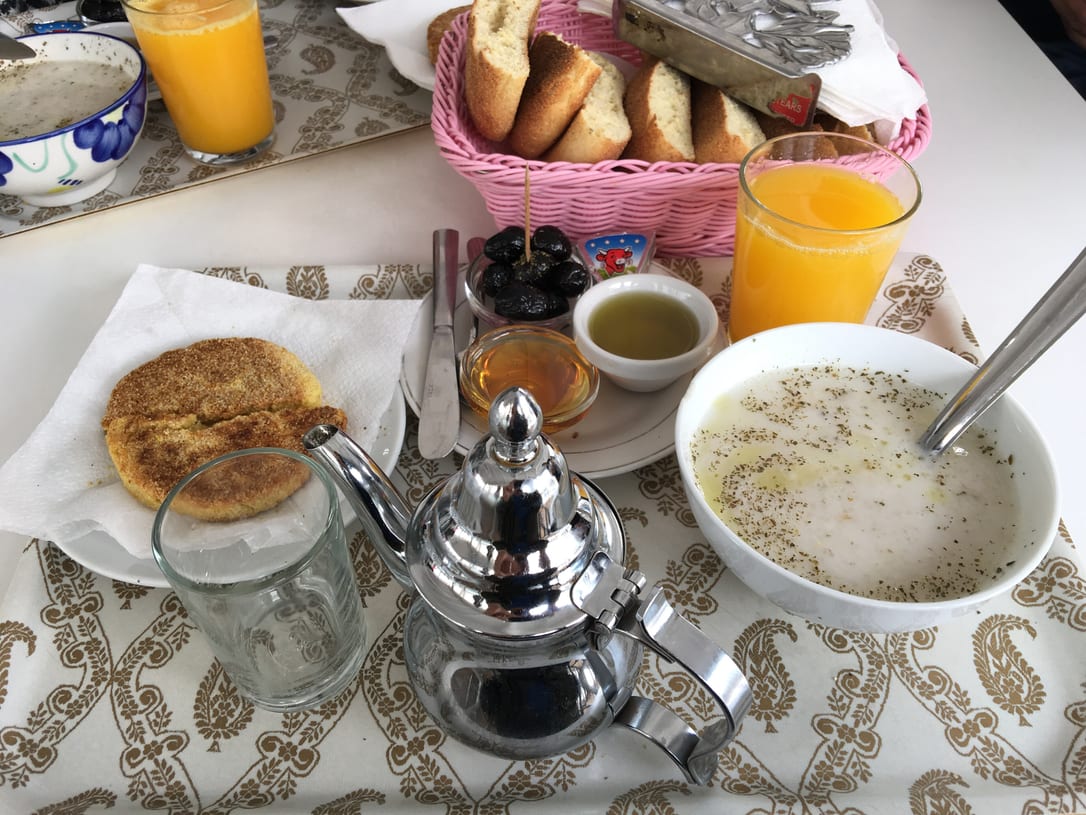 Breakfast in Casablanca: harcha, a bowl of soup and the teapot