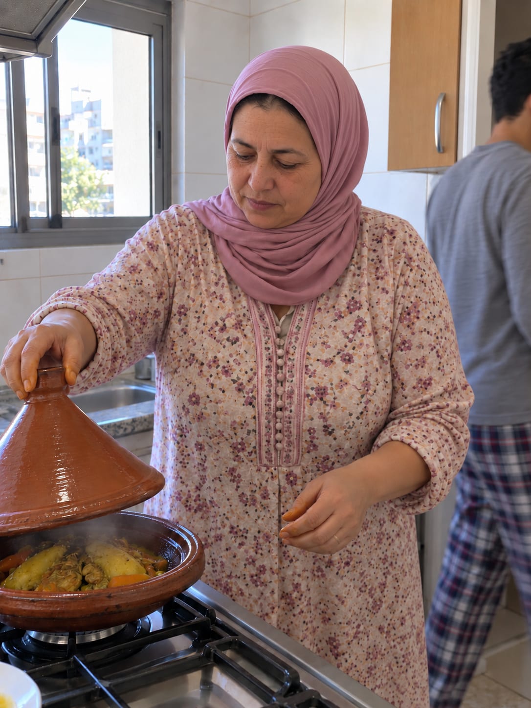 أم ترفع غطاء طاجينها، في مطبخها