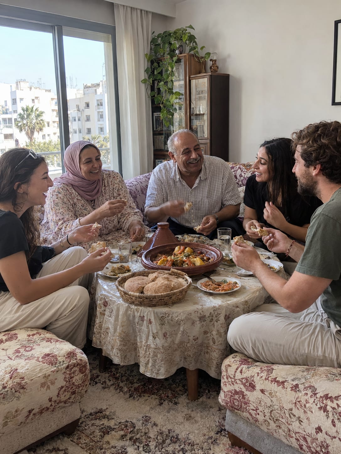 Une famille et ses convives autour du tajine, au salon