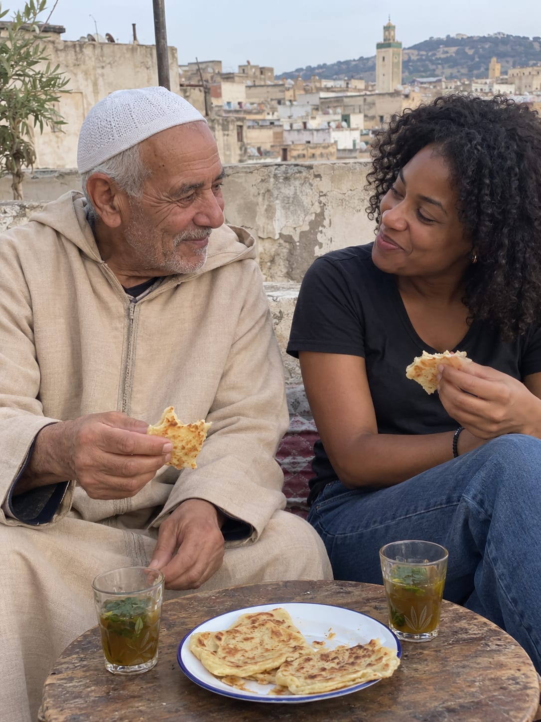 Un grand-père et une voyageuse partagent msemen et thé sur une terrasse de Fès